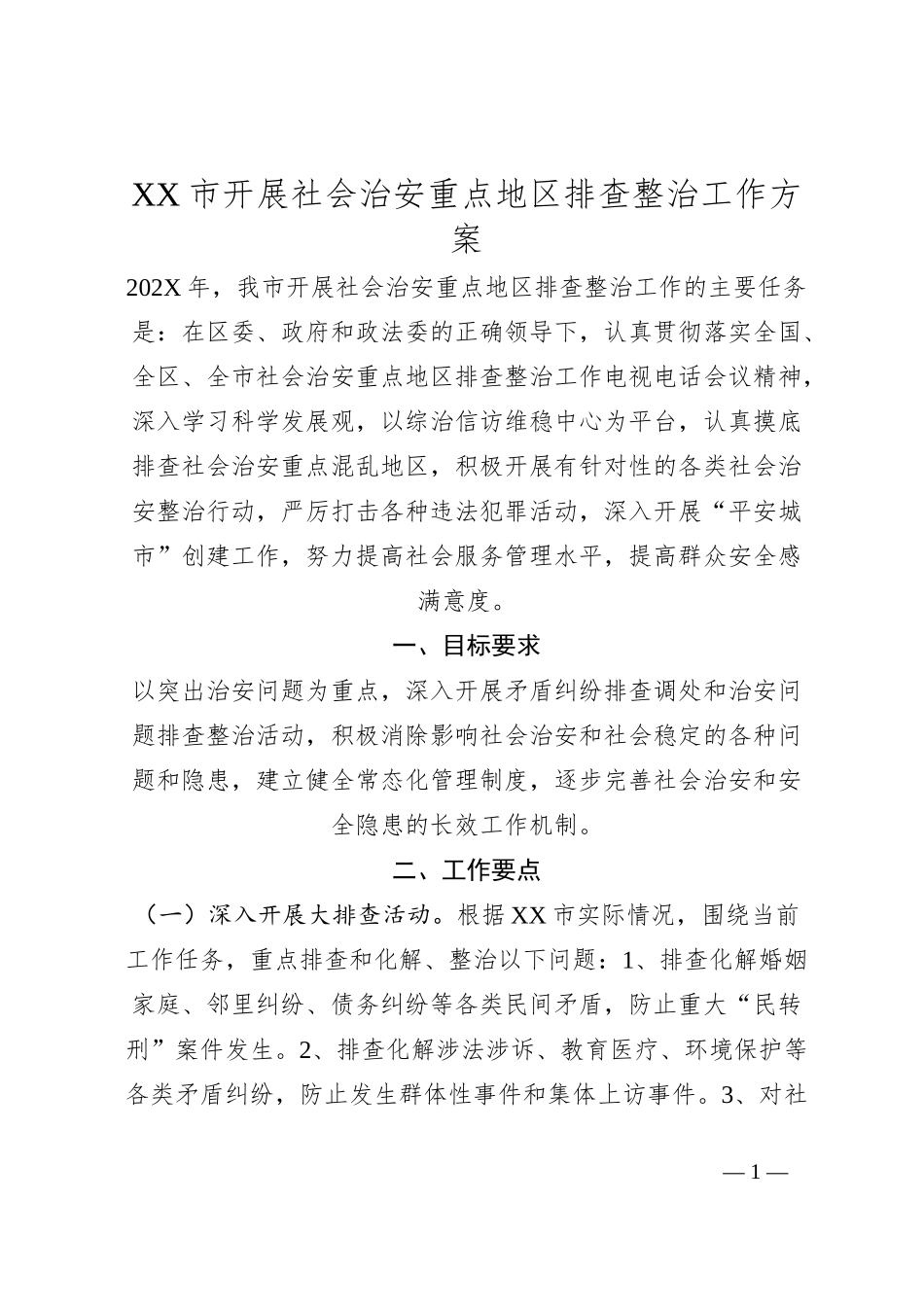 XX市开展社会治安重点地区排查整治工作方案_第1页