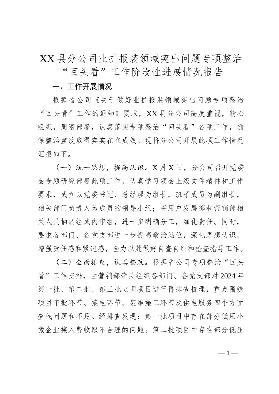 XX县分公司业扩报装领域突出问题专项整治“回头看”工作阶段性进展情况报告_第1页