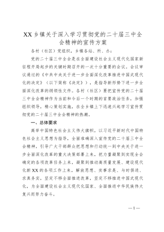 XX乡镇关于深入学习贯彻党的二十届三中全会精神的宣传方案