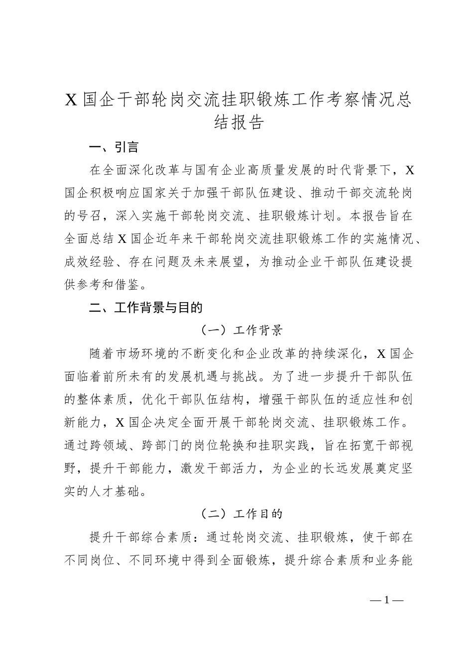 X国企干部轮岗交流挂职锻炼工作考察情况总结报告_第1页