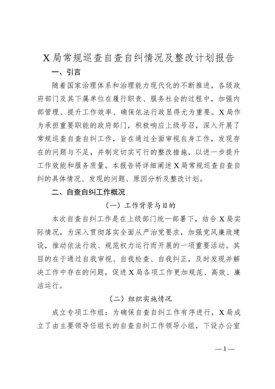 X局常规巡查自查自纠情况及整改计划报告_第1页