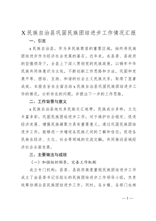 X民族自治县巩固民族团结进步工作情况汇报