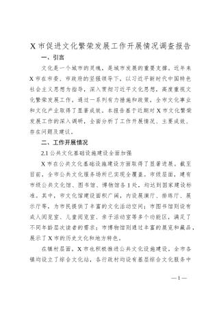 X市促进文化繁荣发展工作开展情况调查报告