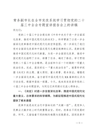 常务副市长在全市发改系统学习贯彻党的二十届三中全会专题宣讲报告会上的讲稿
