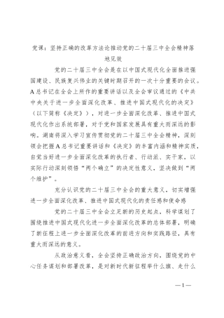 党课：坚持正确的改革方法论推动党的二十届三中全会精神落地见效