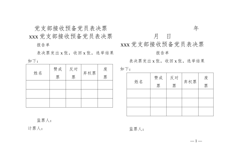 党支部接收预备党员表决票_第1页