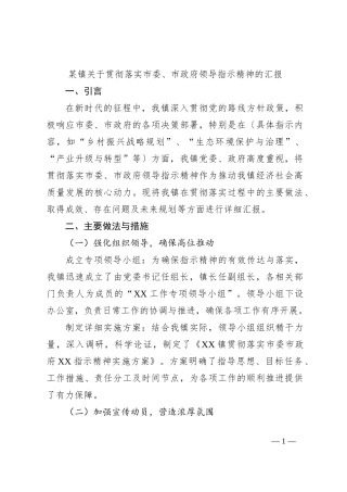 某镇关于贯彻落实市委、市政府领导指示精神的汇报