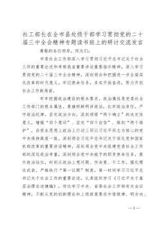 社工部长在全市县处级干部学习贯彻党的二十届三中全会精神专题读书班上的研讨交流发言