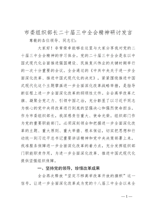 市委组织部长二十届三中全会精神研讨发言