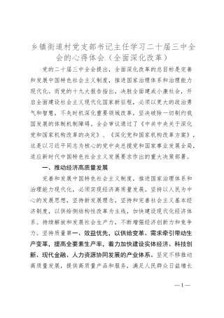 乡镇街道村党支部书记主任学习二十届三中全会的心得体会（全面深化改革）