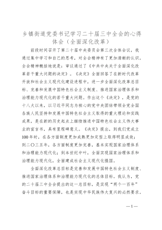 乡镇街道党委书记学习二十届三中全会的心得体会（全面深化改革）