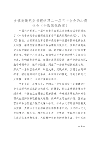 乡镇街道纪委书记学习二十届三中全会的心得体会（全面深化改革）