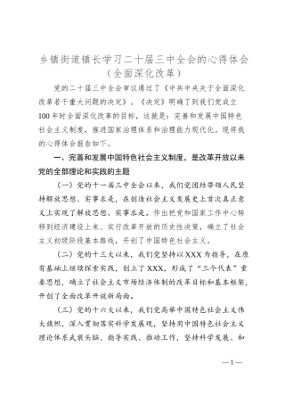 乡镇街道镇长学习二十届三中全会的心得体会（全面深化改革）