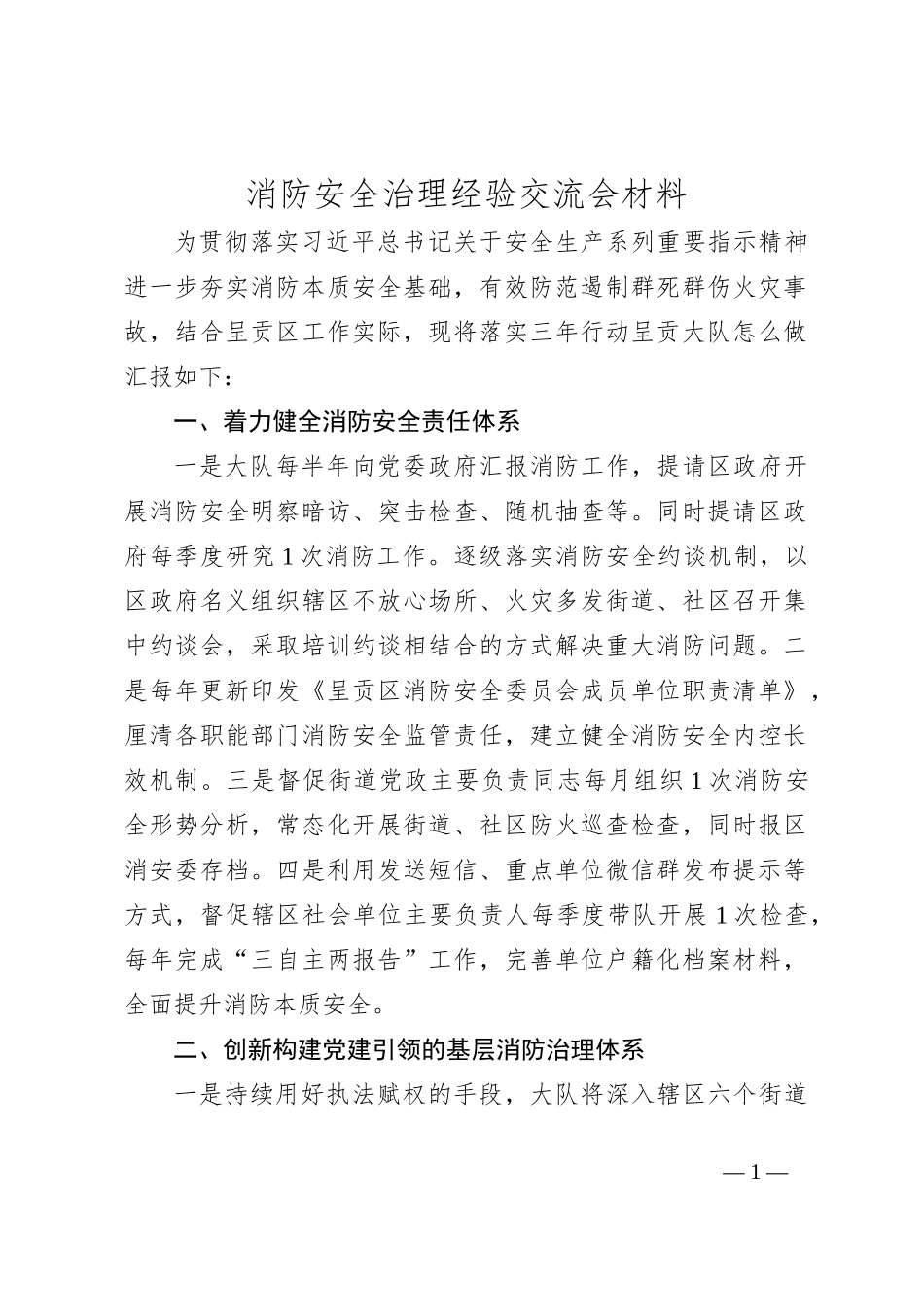 消防安全治理经验交流会材料_第1页