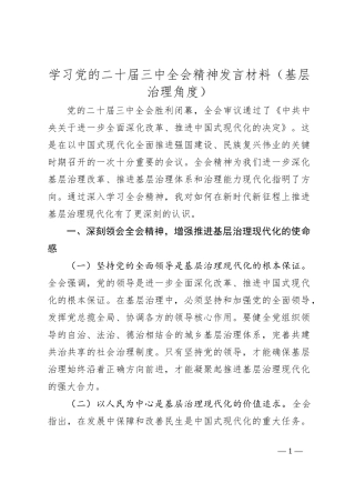 学习党的二十届三中全会精神发言材料（基层治理角度）