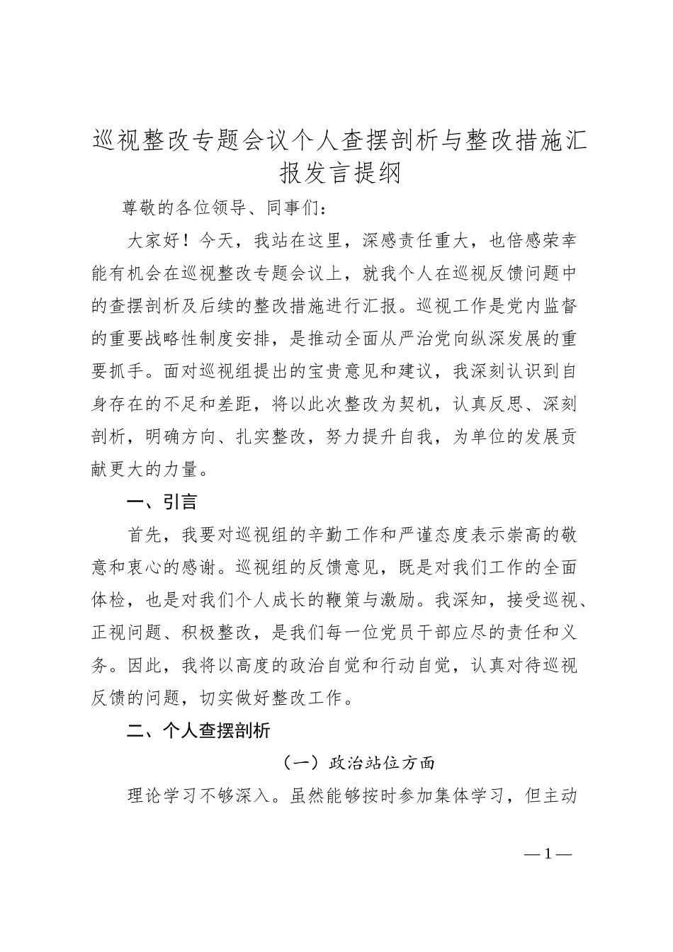 巡视整改专题会议个人查摆剖析与整改措施汇报发言提纲_第1页