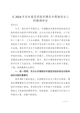 在2024年农村基层党组织建设专题推进会上的强调讲话