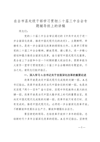 在全市县处级干部学习贯彻二十届三中全会专题辅导班上的讲稿