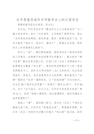 在市委基层减负专项督导会上的汇报发言