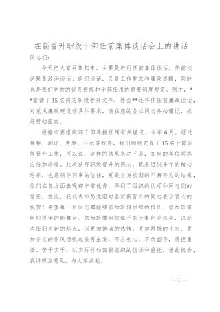 在新晋升职级干部任前集体谈话会上的讲话