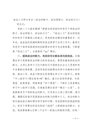 政治三力研讨发言（政治判断力、政治领悟力、政治执行力）