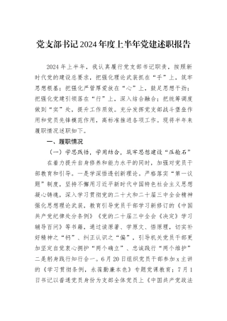 党支部书记2024年度上半年党建述职报告