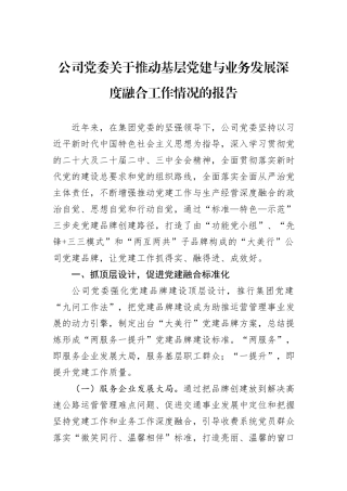 公司党委关于推动基层党建与业务发展深度融合工作情况的报告