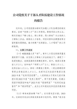 公司党组关于干部人才队伍建设工作情况的报告