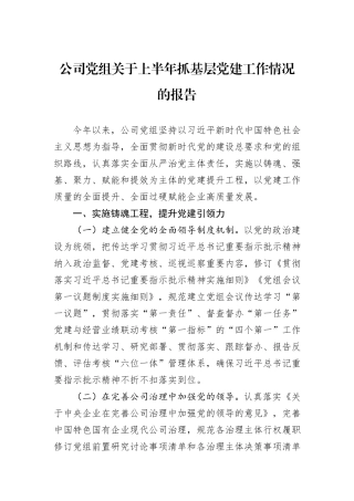 公司党组关于上半年抓基层党建工作情况的报告