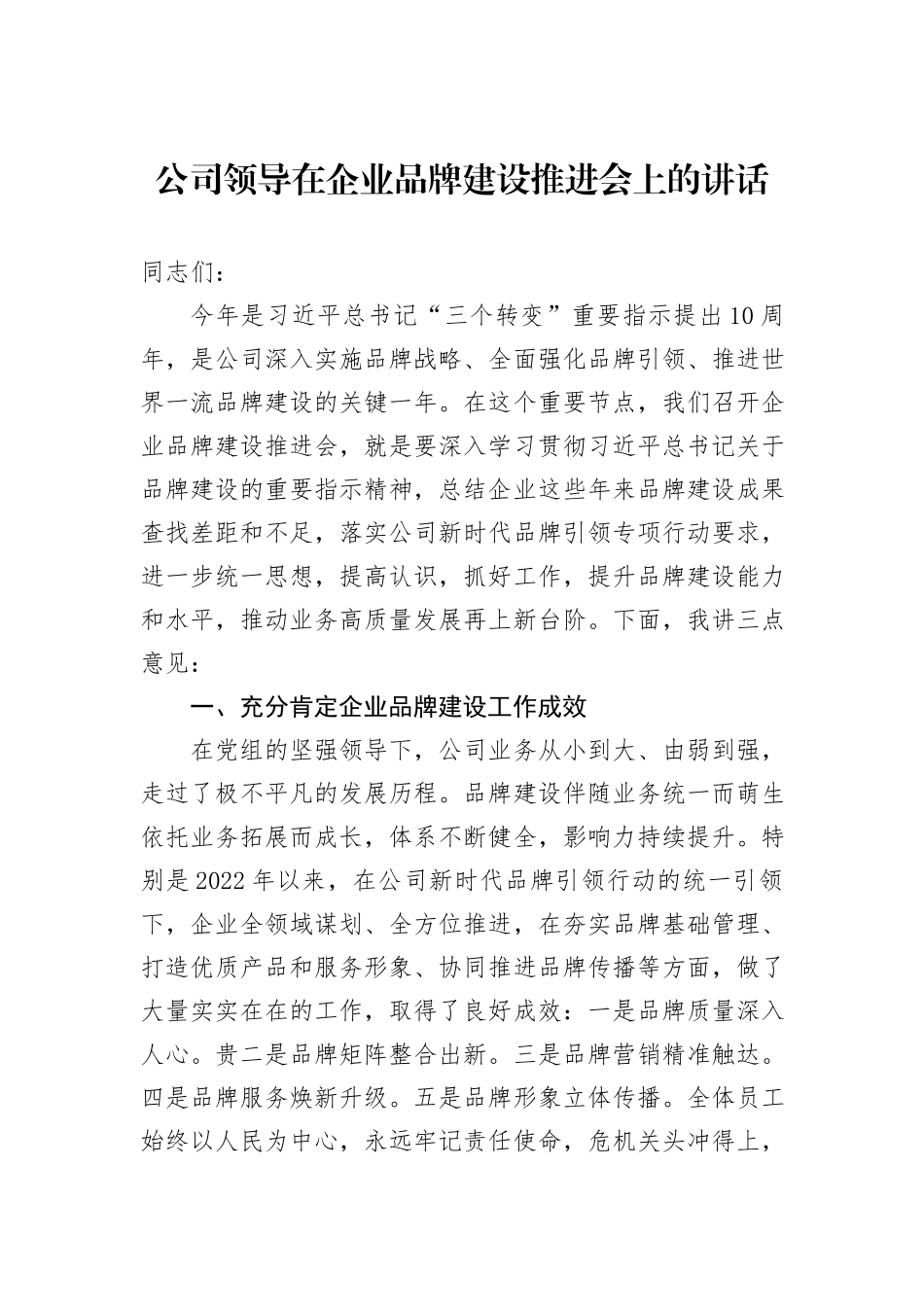 公司领导在企业品牌建设推进会上的讲话_第1页