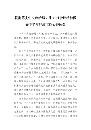 贯彻落实中央政治局7月30日会议精神做好下半年经济工作心得体会