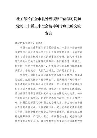 社工部长在全市县处级领导干部学习贯彻党的二十届三中全会精神研讨班上的交流发言
