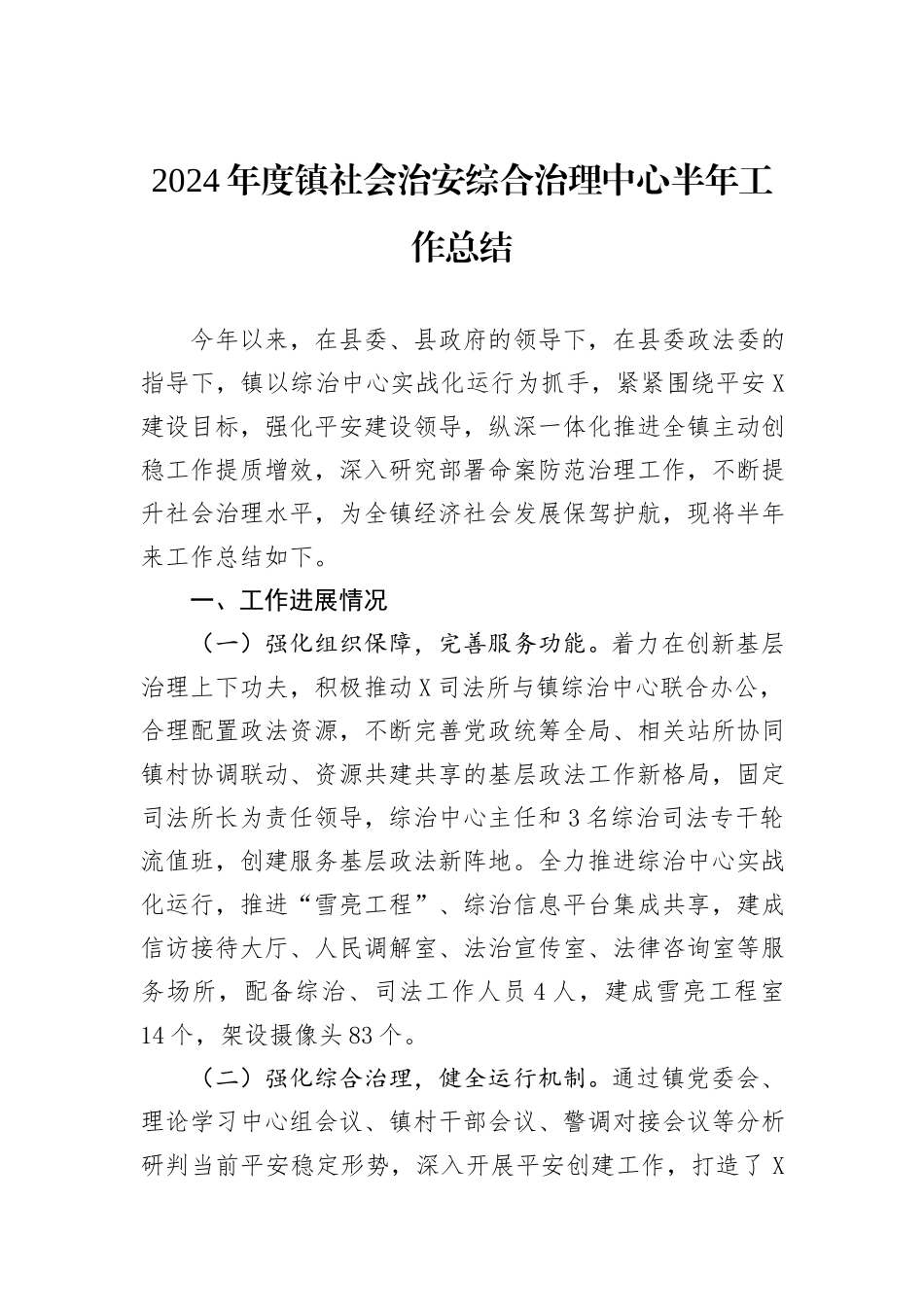 2024年度镇社会治安综合治理中心半年工作总结_第1页