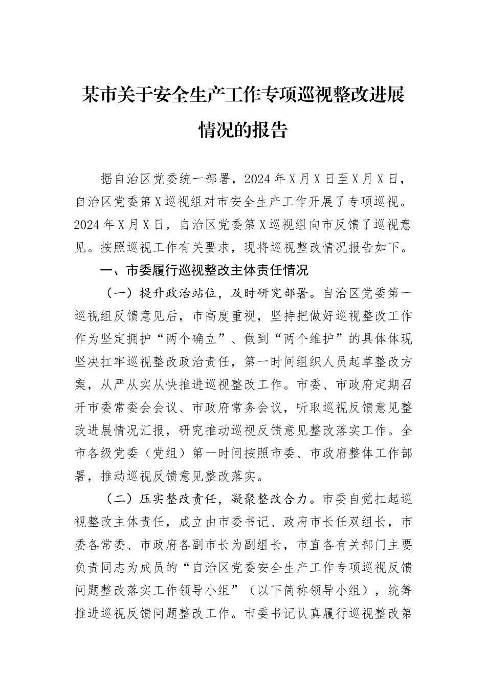 某市关于安全生产工作专项巡视整改进展情况的报告_第1页