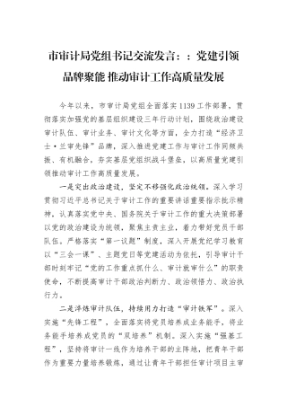 市审计局党组书记交流发言：：党建引领+品牌聚能+推动审计工作高质量发展