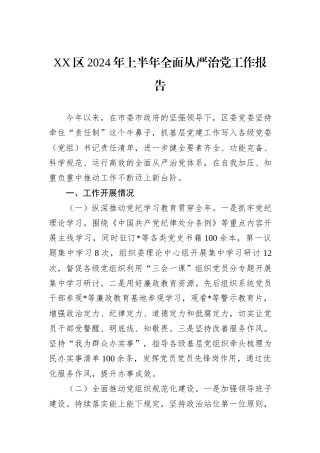 XX区2024年上半年全面从严治党工作报告