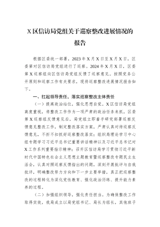 X区信访局党组关于巡察整改进展情况的报告