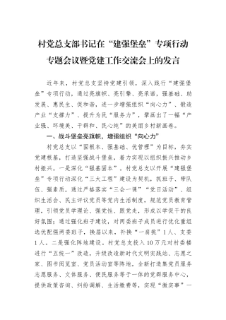 村党总支部书记在“建强堡垒”专项行动专题会议暨党建工作交流会上的发言