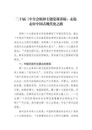 二十届三中全会主题党课讲稿：走稳走好中国式现代化之路