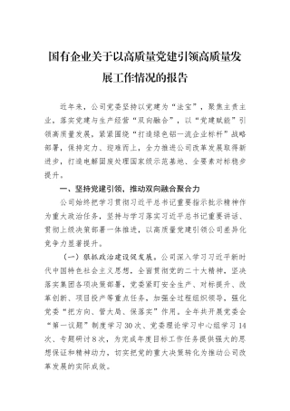 国有企业关于以高质量党建引领高质量发展工作情况的报告