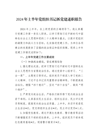 2024年上半年党组织书记抓党建述职报告
