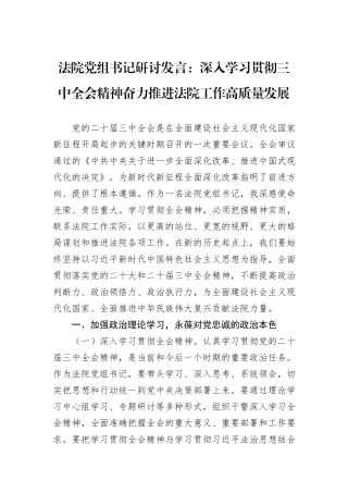 法院党组书记研讨发言：深入学习贯彻三中全会精神奋力推进法院工作高质量发展