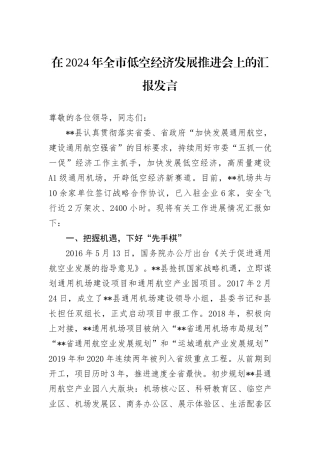 在2024年全市低空经济发展推进会上的汇报发言