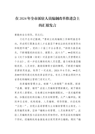 在2024年全市派驻人员编制改革推进会上的汇报发言