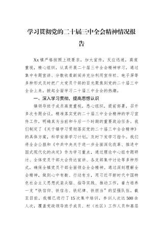 学习贯彻党的二十届三中全会精神情况报告