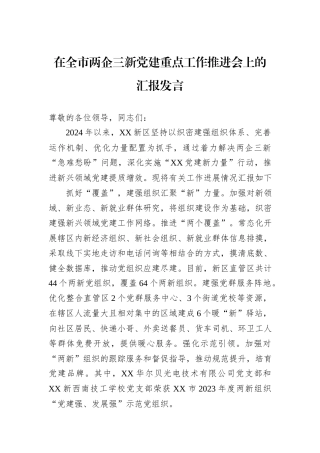 在全市两企三新党建重点工作推进会上的汇报发言