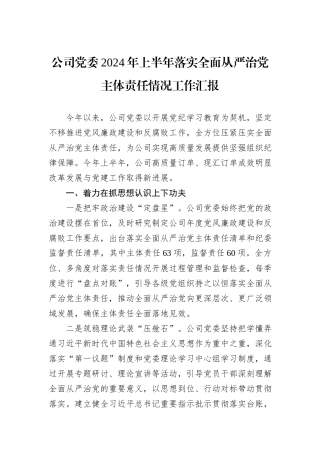 公司党委2024年上半年落实全面从严治党主体责任情况工作汇报