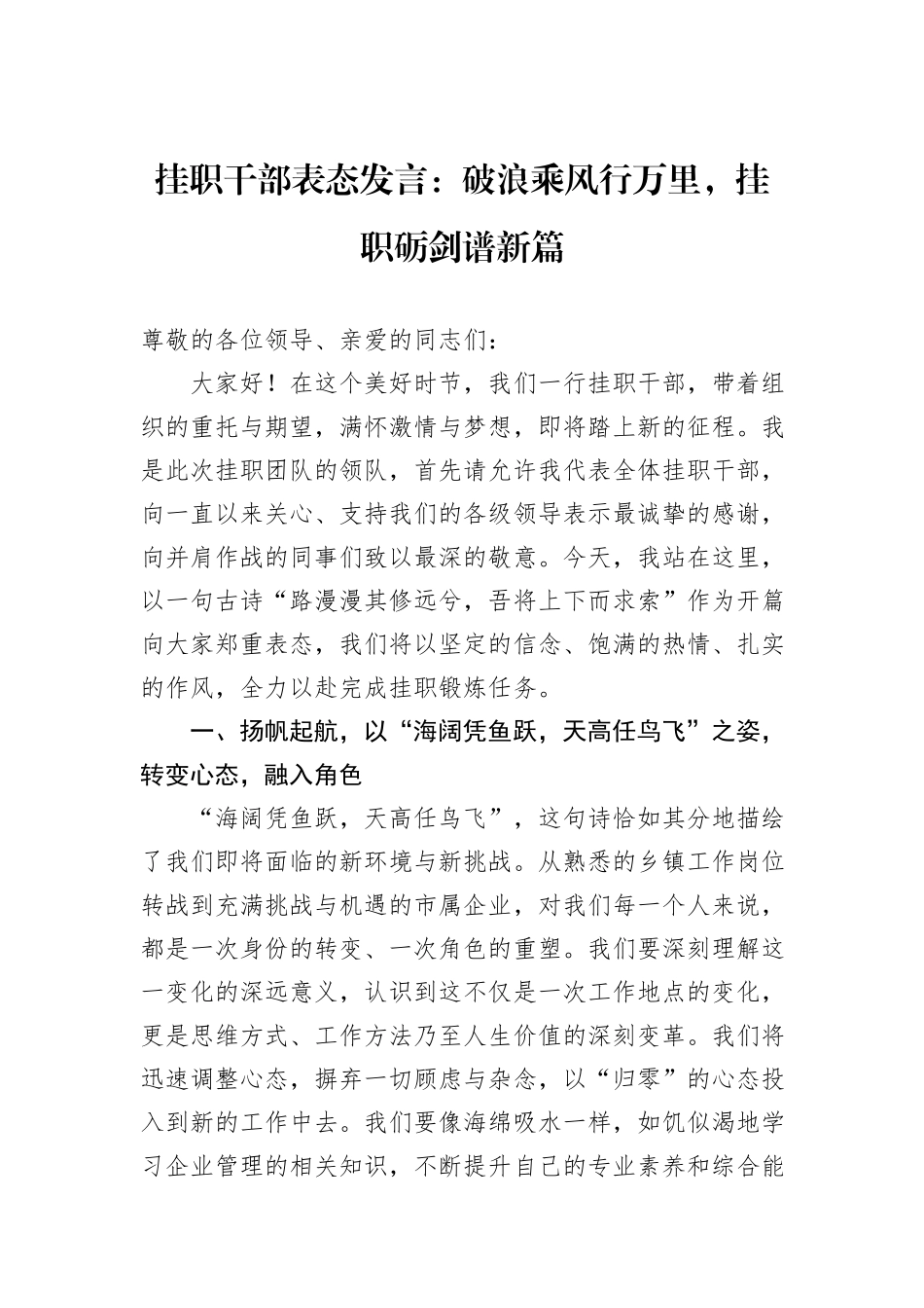 挂职干部表态发言：破浪乘风行万里，挂职砺剑谱新篇_第1页