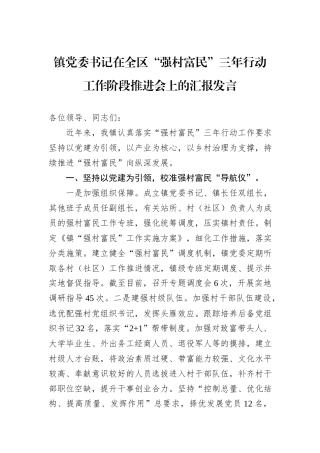 镇党委书记在全区“强村富民”三年行动工作阶段推进会上的汇报发言