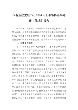 国有企业党组书记2024年上半年抓基层党建工作述职报告